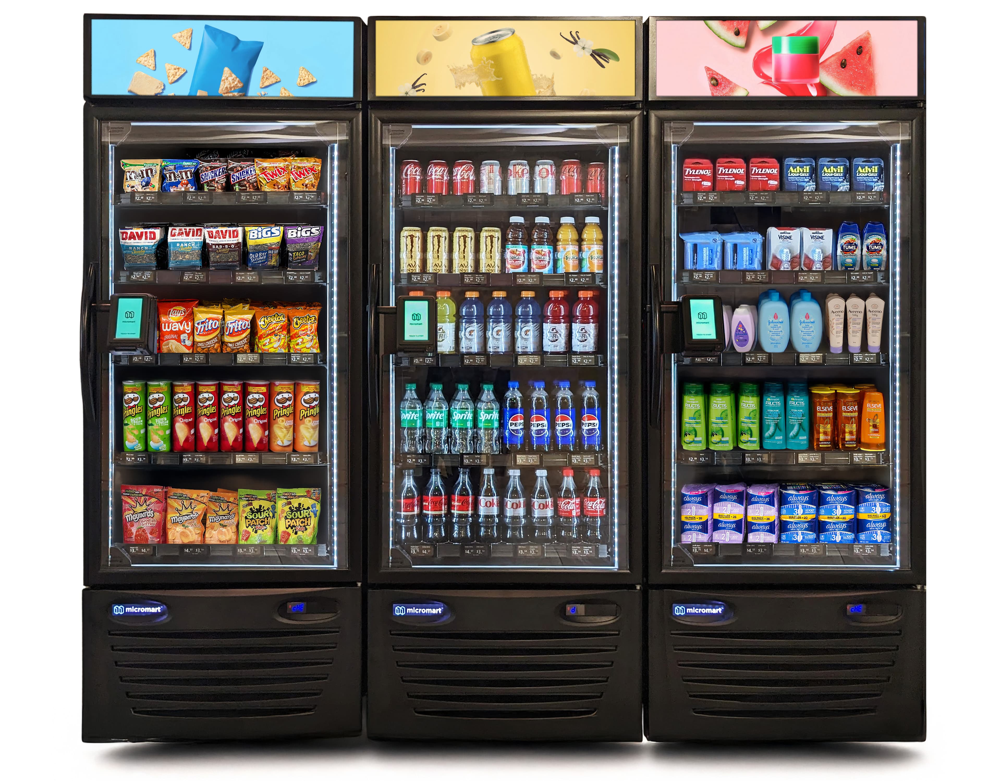 Three-door Micromart smart store — snacks and chips, cold drinks, and health and personal care essentials fully stocked