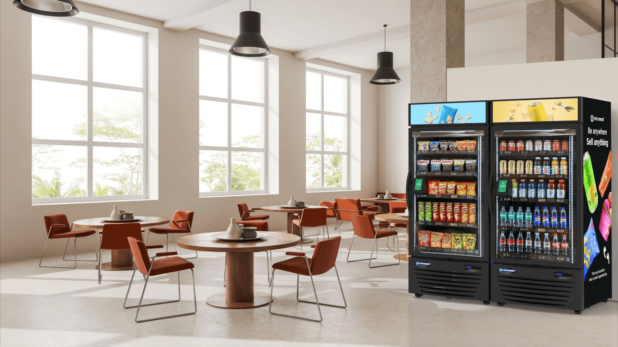 Smart store in a school dining area with natural light and seating