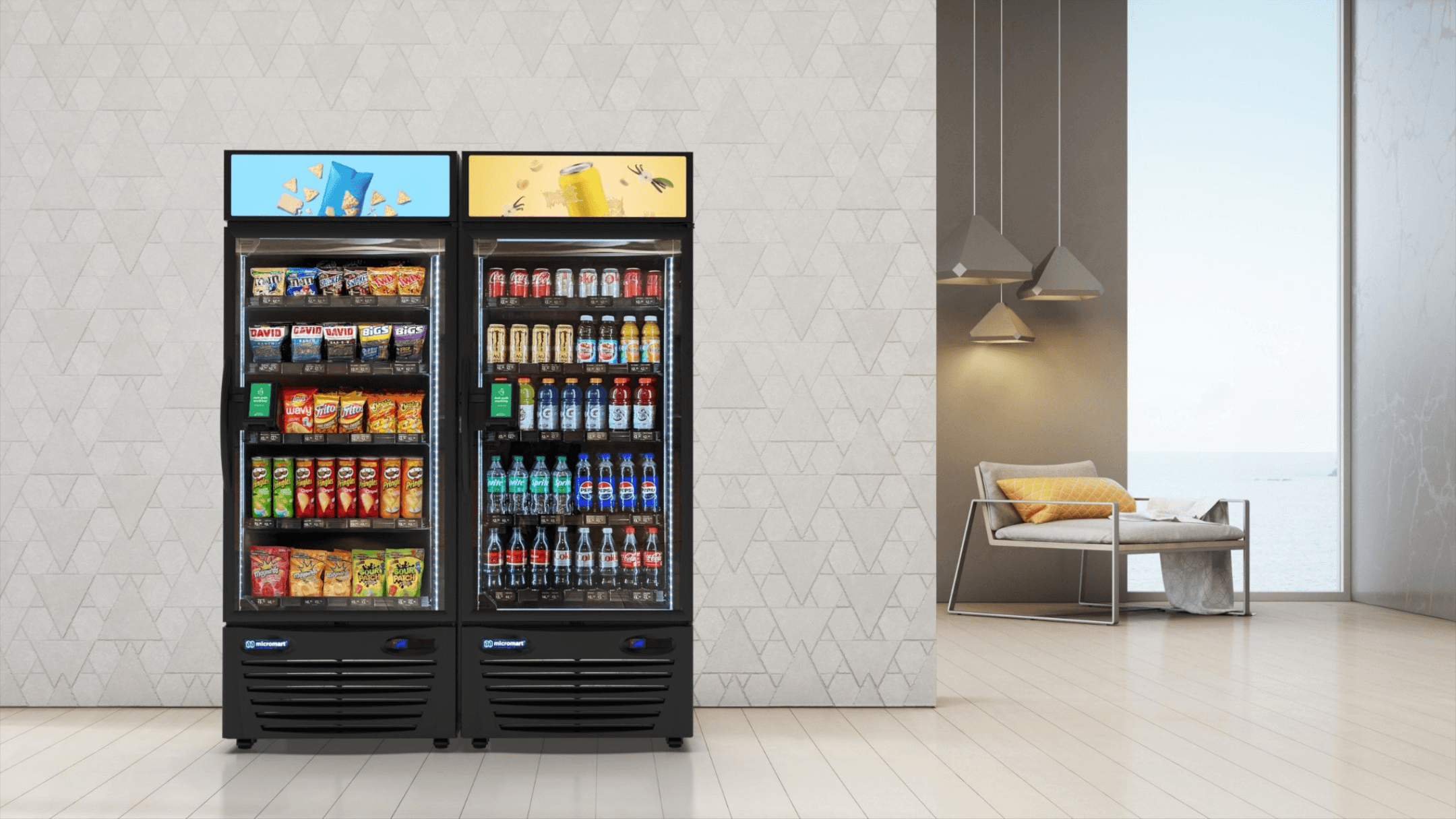 Dual-door smart store in a modern residential building with ocean view
